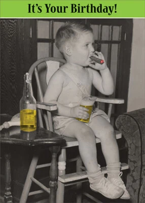 RSVP Boy in High Chair Smoking Cigar Holding Glass Funny Birthday Card for Him Man