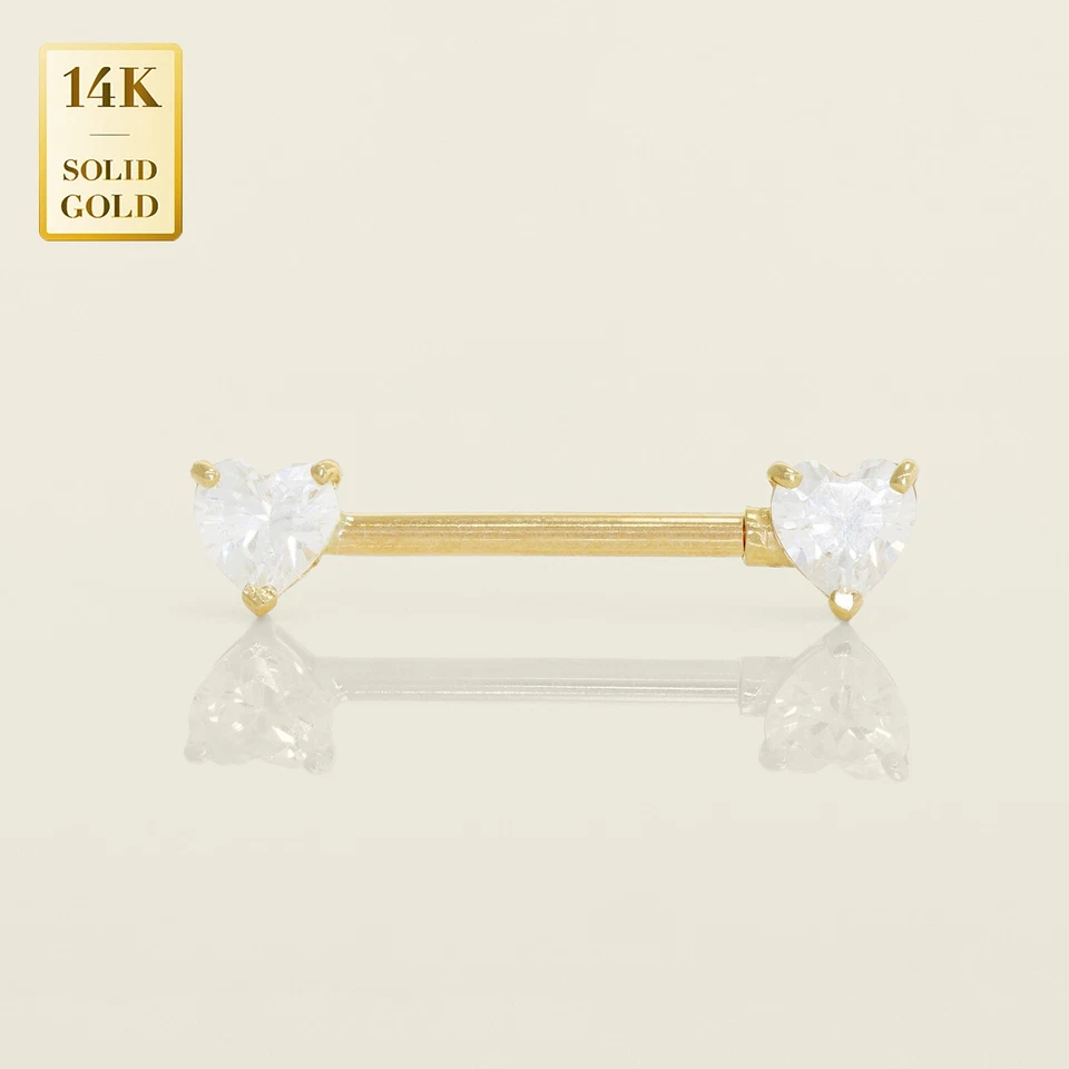 14K Solid Gold Cubic Zirconia CZ Heart Straight Barbell Nipple Piercing  14g - Image 1 of 3