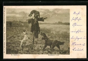 Künstler-AK Waidmanns Heil - Jagdhunde verbellen Katze auf Vogelscheuche - Bild 1 von 2
