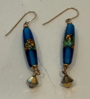Handcrafted Blue Murano-Style Glass Floral Dangle Earrings 3 Inches Long - Image 1 of 3