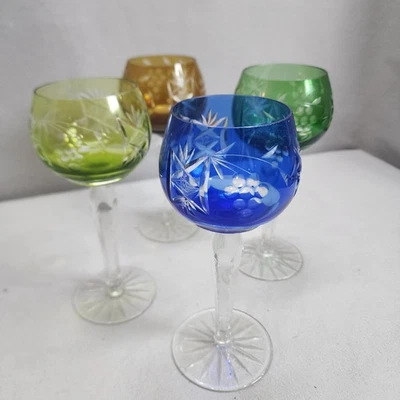 Set of 4 Vintage Bohemian Cut To Clear Multi-color Wine Glasses - Image 1 of 4