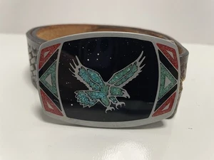 Cinturón de cuero con hebilla de metal suroeste con incrustación de águila vintage talla 32 hecho en EE. UU. - Imagen 1 de 5