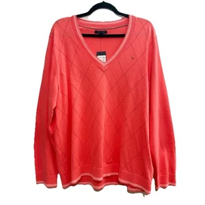 NEW Tommy Hilfiger Argyle Knit Sweater Womens XXL Coral V-neck Preppy Classic - Picture 1 of 8