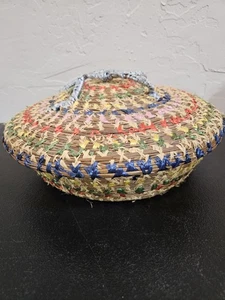 Native American Pine Needle Basket With Color Silk Threads - Picture 1 of 10