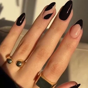 Black Press on Nails Medium Almond Nude French Tip Fake Nails Stiletto Jump... - Picture 1 of 8