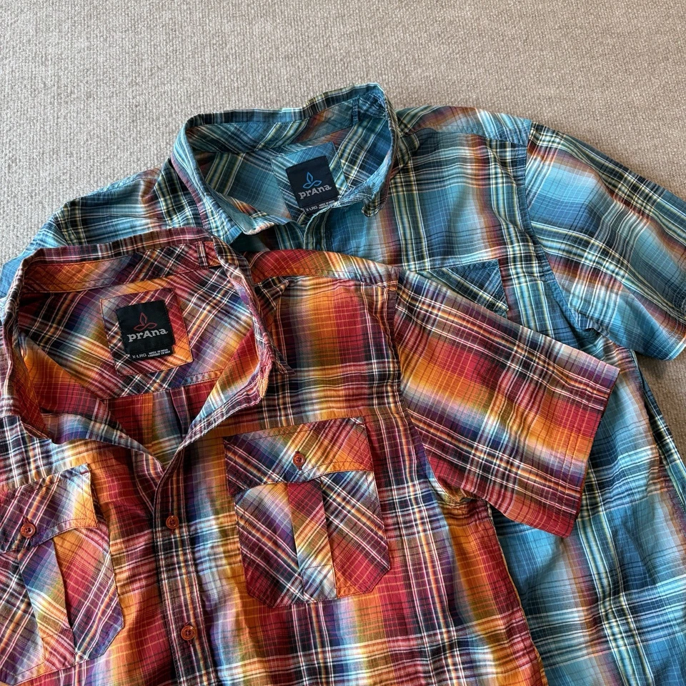 Lot Of 2 PRANA Shirt Men XL Plaid Blue/Orange BREATHE Short Sleeve Button Up - Image 1 of 4