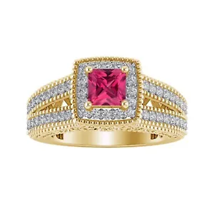 1.30 Ct Princess Lab Created Ruby & Diamond Halo Solitaire Ring 14K Yellow Gold - Picture 1 of 9