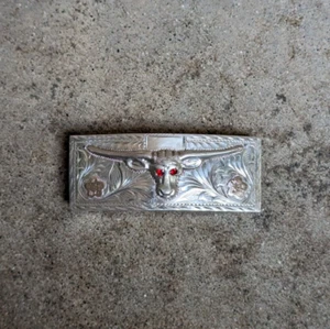 Antique 925 sterling silver longhorn steer bull eyes 1" Belt buckle crown Mexico - Picture 1 of 9