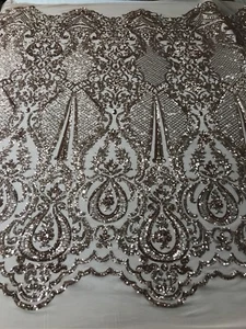 ROSE GOLD PRINCESS DESIGN EMBROIDER SEQUINS ON A 4 WAY STRETCH POWER MESH-1YARD - Picture 1 of 12