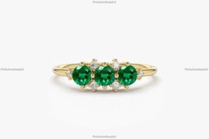 Gift For Her 14k Gold Emerald Diamond Promise Band Wedding Engagement Ring - Picture 1 of 5