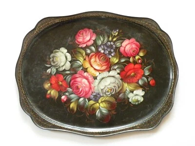 Altes TABLETT Metall floral  handbemalt 60cm Russland 50/60er Jahre signiert - Bild 1 von 4
