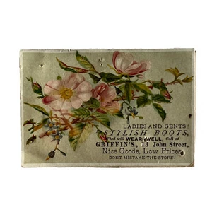 Victorian Era Advertising Trade Card Griffin's Stylish Boots Pink Roses NJ - Bild 1 von 6
