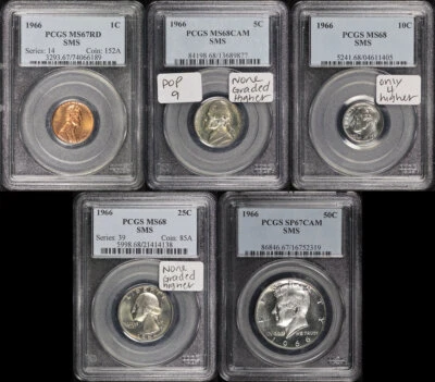 1966 SMS 1C, 5C, 10C, 25C, & 50C 5pc Set PCGS MS-67/68 - Some Low Pop, Top Pop! - Image 1 of 2