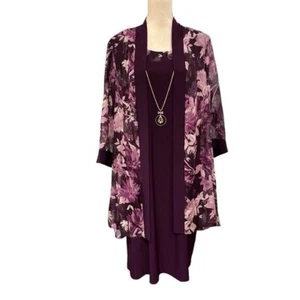 R&M Richards Dress Womens 18W Purple Chiffon Floral Jacket Midi Event Cocktail - Picture 1 of 15