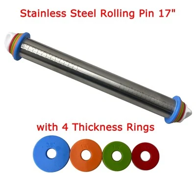 Stainless Steel Rolling Pin 17" Adjust Baking Dough Roller with Thickness Rings - Image 1 of 4