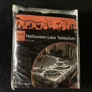 NOS Fabric Lace Tablecloth 60" x 84" Oblong (4-6 people) HAPPY HALLOWEEN, BLACK