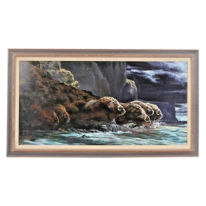 Edward "Ned" Aldrich Wildlife Wandbild Ölgemälde Moschus Ochsen im Fluss 1985 - Bild 1 von 11