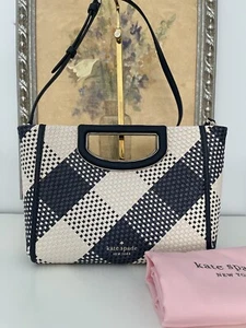 NWT KATE SPADE ALEXIA GINGHAM STRAW/LEATHER BLAZER BLUE SHOULDER Habdbag - Picture 1 of 7