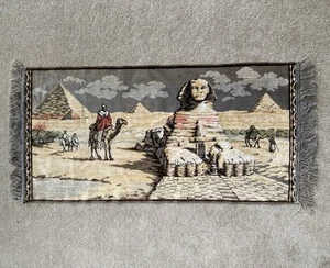 Tapestry Middle East Camel Bedouins Sphinx Fringed Velvet Vtg Wall Hanging/ Rug - Picture 1 of 9