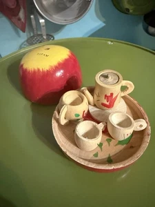 Vintage Painted Wood Child’s Miniature Apple Toy Tea Set Japan - Picture 1 of 11