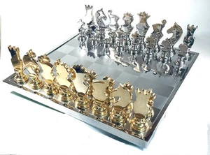 Minimalist Heavy Metal Chess Set Chrome Brass Stainless 15" Board Resorts Casino - Picture 1 of 23