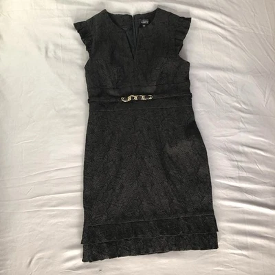 Adrianna Papell Ruffle Trim Black Floral Sheath Dress Womens Size 14 Sleeveless - Image 1 of 4