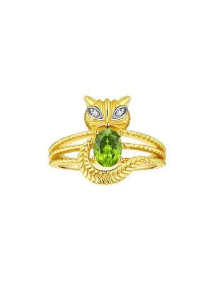 RYLOS  YELLOW GOLD PLATED SILVER PERIDOT & DIAMOND GEMSTONE CAT RING SIZE 5-13 - Image 1 of 4