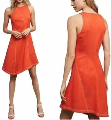 Maeve Anthropologie US4 Dress Orange Asymmetrical Hem A-line Linen Blend E4.1 - Image 1 of 4