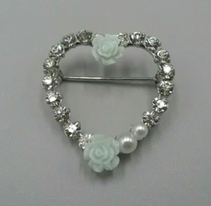 Krementz signierte Herz Brosche weiß GP Strass Kunstperle Harz Rose Floral - Bild 1 von 7