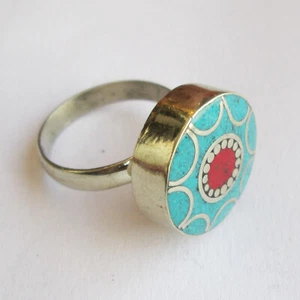 Tibetan Silver Turquoise Red Coral Original Jewelry Adjustable Unisex Ring R40 - Picture 1 of 7