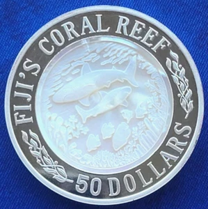 2005 Fiji S$50 Silver 5oz Mother of Pearl Coral Reef Ultra Cameo - Raw - Picture 1 of 5