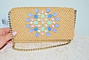Nuevo con etiquetas $475 Eric Javits EMBRAGUE DEVI Squishee Paja Embellecido Bolso de Mano NATURAL - Imagen 1 de 12