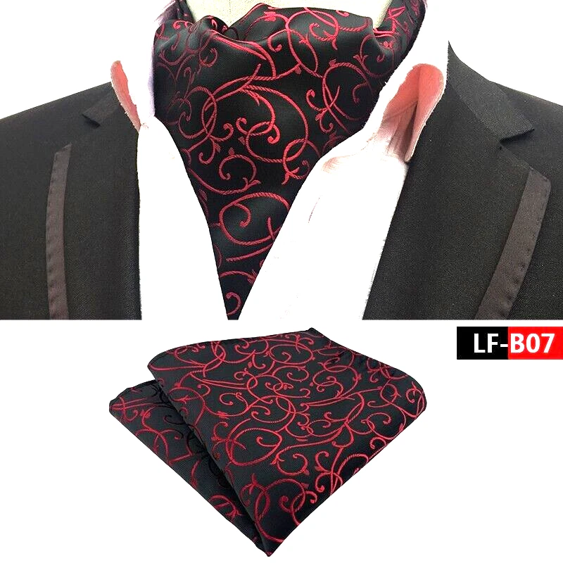 Classic Men's Ascot Cravat Tie Silk Floral Black Red Scarf Cravat Hanky Set - Image 1 of 1