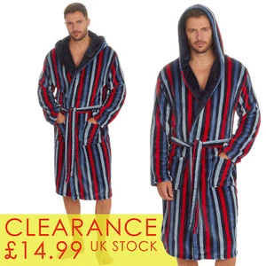 Mens Bath Robe with Hood Navy Striped Fleece Dressing Gown M L XL XXL Clearance - Picture 1 of 7