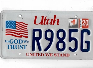 UTAH passenger 2020 license plate "R985G" *IN GOD WE TRUST/UNITED WE STAND* - Picture 1 of 1