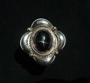 Large Ring - Designer Silver Crimped A Obsidian Starry Black Star