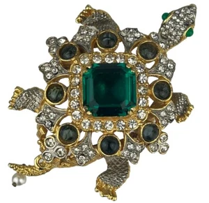 Spilla tartaruga firmata KJL Kenneth Jay Lane finto smeraldo diamante tono oro 2,5" - Foto 1 di 6
