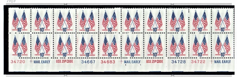 1973 U.S. Regular Issue CROSSED FLAGS  MULTI- Plt#Blk Strip  20 Sc#1509 M/NH/OG^ - Image 1 of 3