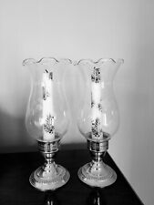 Set Of 2 Vintage NS Co Sterling Weighted Hurricane Lamps With  Etched Glass Lamp