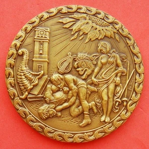 NUDE Woman Men Wrestling Fight Chinese Dragon Sword Centenary 1987 Bronze Medal! - Picture 1 of 2