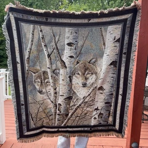 VINTAGE Mohawk Home Fleeting Glimpse Wölfe Überwurf Decke Wandteppich Hergestellt in den USA - Bild 1 von 5