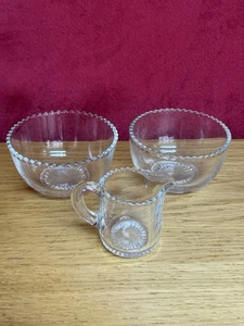 Vintage Miniature Glass Jug and Bowls Etched matching crinkle edge rims - Picture 1 of 13