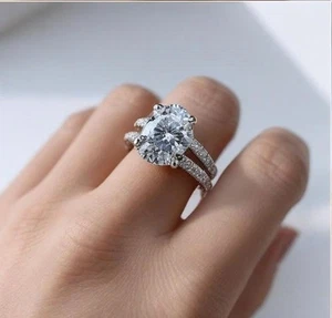 2.50 Ct Oval Cut Moissanite Halo Split Shank Ring 14K White Gold Plated Silver - Picture 1 of 8