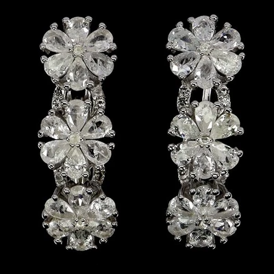 925 Sterling Silver Earrings Pear White Sapphire Ceylon Natural Gemstone Jewelry - Image 1 of 4