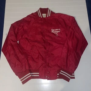 Say Yes To Michigan Vintage S Nylon Snap Button Red Bomber Jacket Windbreaker - Picture 1 of 24