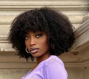 100% Brazilian Virgin Human Hair Wear-and-go Kinky Curly Wig & Bang 12" Black - Picture 1 of 6