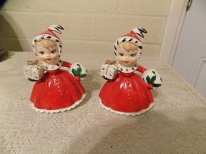 TWO Vintage Japan Christmas Angel Figurines Wales Shopper Girl Muff, Excelent - Picture 1 of 11