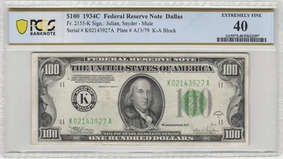 Fr.2155-K 1934C Dallas $100 Federal Reserve Note PCGS Extremely Fine 40 - Image 1 of 2