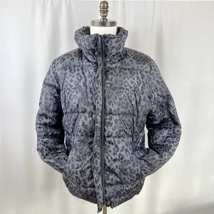 Old Navy Women’s Puffer Jacket Gray Leopard Print Size XL Zip & Snap Front - Picture 1 of 13