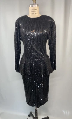 Vintage Dress SIZE LARGE 14 black sequin peplum PARA 80s 90s long sleeve - Image 1 of 4